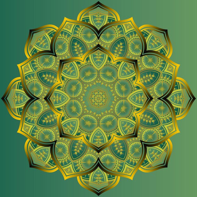 Abstract mandala textured green color combination of black with yellow gold lines