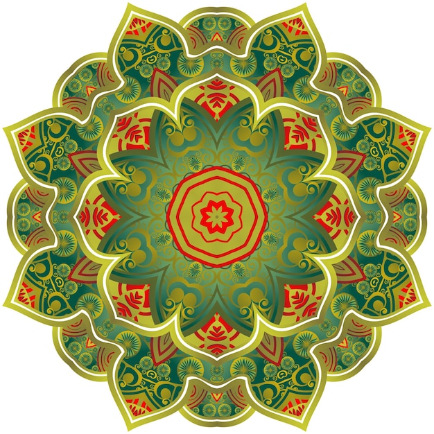 Abstract mandala with beautiful green and red textured gold stripes