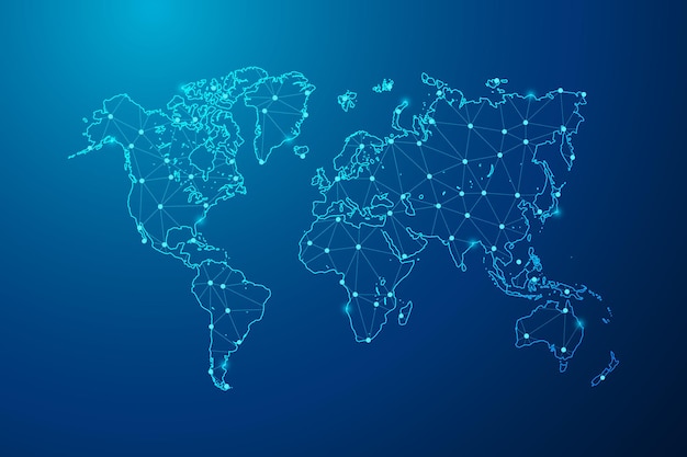 Abstract mash line and point with map of World polygonal network line vector.