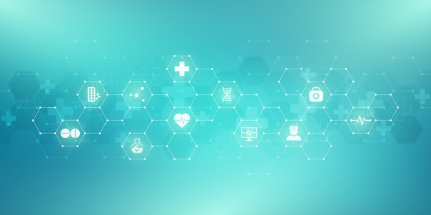 Vector abstract medical background with flat icons and symbols. concepts and ideas for healthcare technology, innovation medicine, health, science and research.