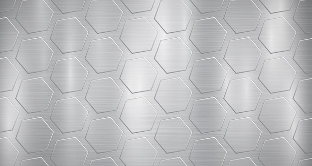 Abstract metallic background in gray colors with highlights and a big voluminous convex hexagonal plates