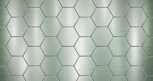 Abstract metallic background in green colors with highlights consisting of voluminous convex hexagonal plates