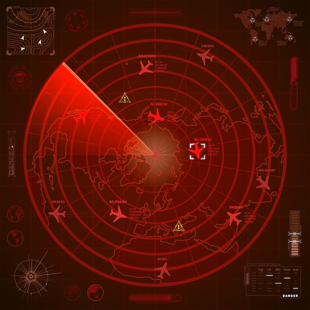 Abstract military red radar display with with planes traces and target signs