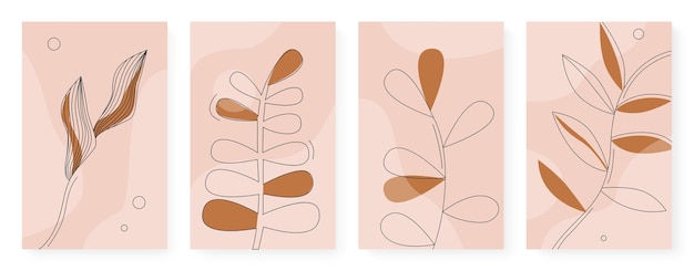 Abstract minimal hand drawing natural terracotta plant leaf wall art template background