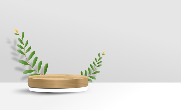 Abstract minimal scene on pastel background with cylinder podium and leaves. Stage  showcase for product