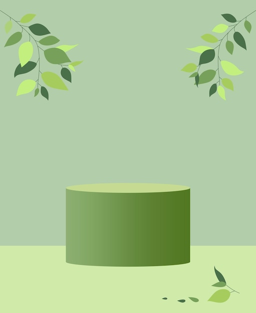 Vector abstract minimal scene with geometric form cylinder podium in green background with green plant