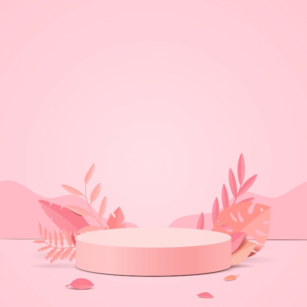 Abstract minimal scene with geometric forms. cylinder podium display or showcase mockup for product in pink background with paper leaves.