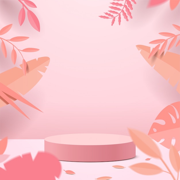 Abstract minimal scene with geometric forms. cylinder podium display or showcase mockup for product in pink background with paper leaves.