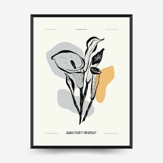 Abstract minimalist aesthetic poster template with thin lines, floral patterns, plants, woman.