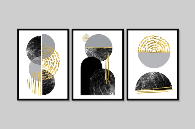 Vector abstract minimalist wall art in white, gray, black, gold colors. simple line style. golden geometric