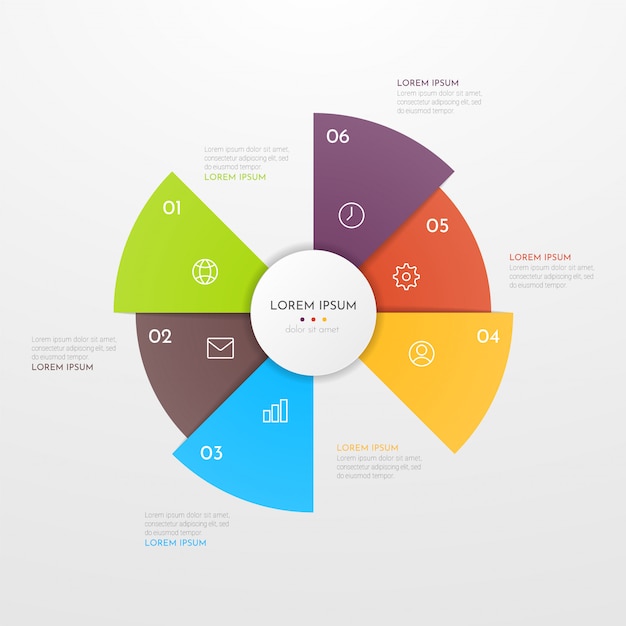 Abstract modern template for creating infographics with six options.  circle chart design. Can be used for workflow layout, presentations, reports, visualizations, diagram, web design, education.