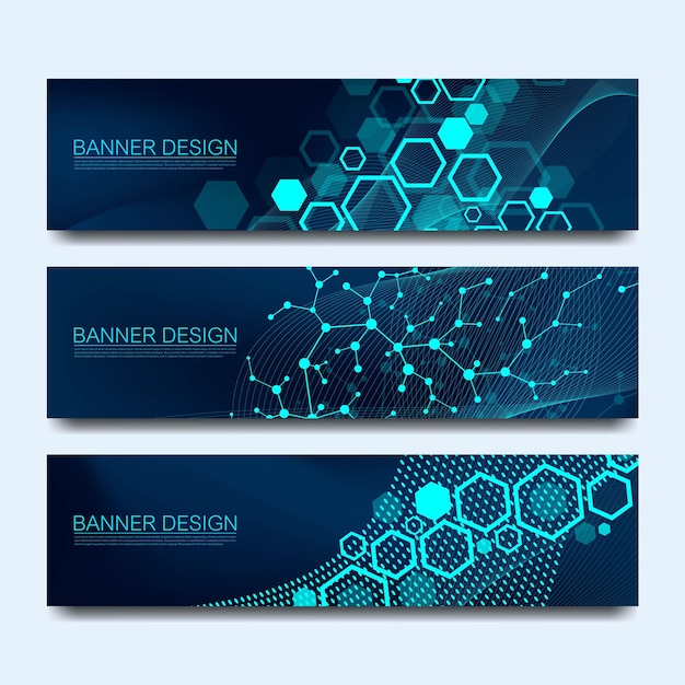 Abstract molecules banners set with lines dots circles polygons vector design network communication