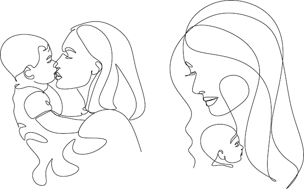 Abstract mother with a child in continuous one line drawing art style. Mothers Day card