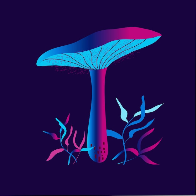 Abstract mushrooms  neon color black background Vector illustration minimalist hand drawn