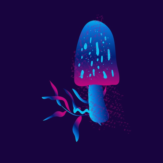 Abstract mushrooms  neon color black background Vector illustration minimalist hand drawn