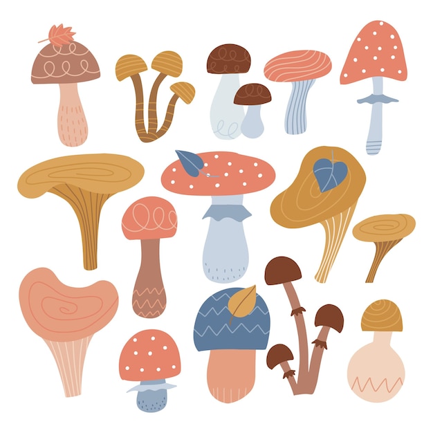 Abstract mushrooms set autumn mood hand drawn big vector collection of various types of mushrooms co...