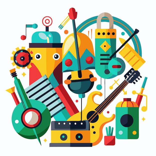 Vector abstract music composition with various colorful instruments and musical elements