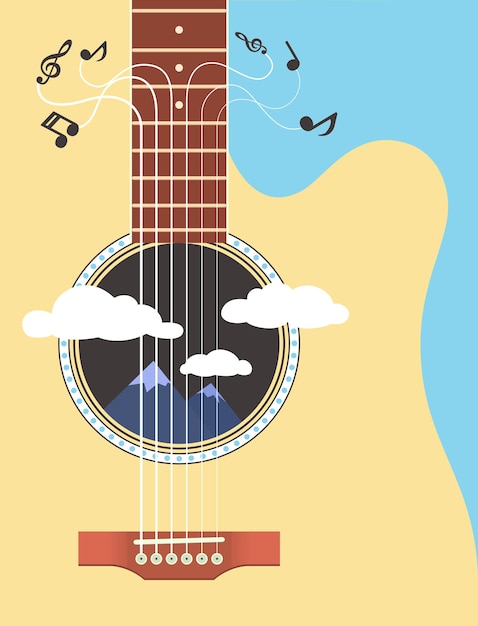 Abstract music poster. mountains and clouds seen through a guitar deck