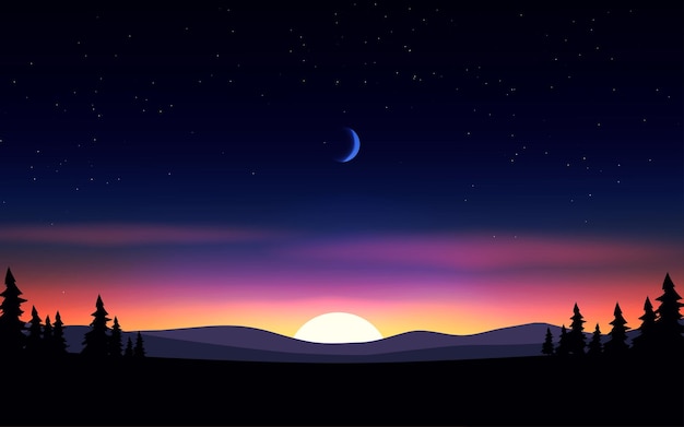 Abstract nature background with sunset and dark starry sky