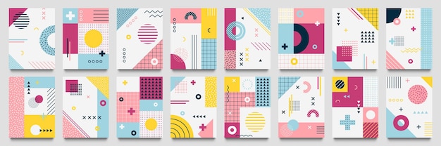 Abstract neo memphis background. Modern geo grid poster template with 1980 lines texture and dotted pop pattern set.