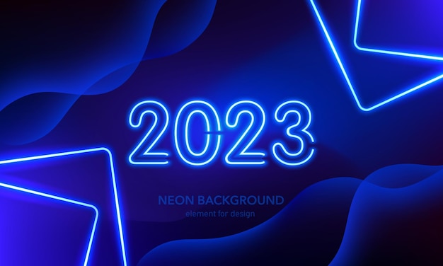 Abstract neon background 2023 Happy new year. Lights line, luminous rays squares.