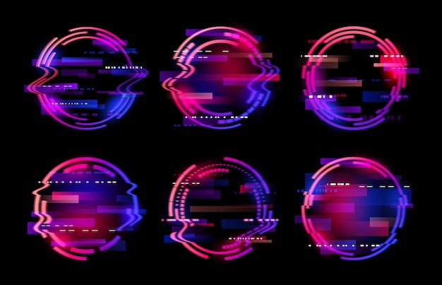 Abstract neon circle ring glitch frame background