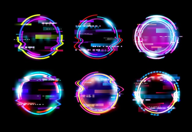 Abstract neon glow circle glitch vector frames