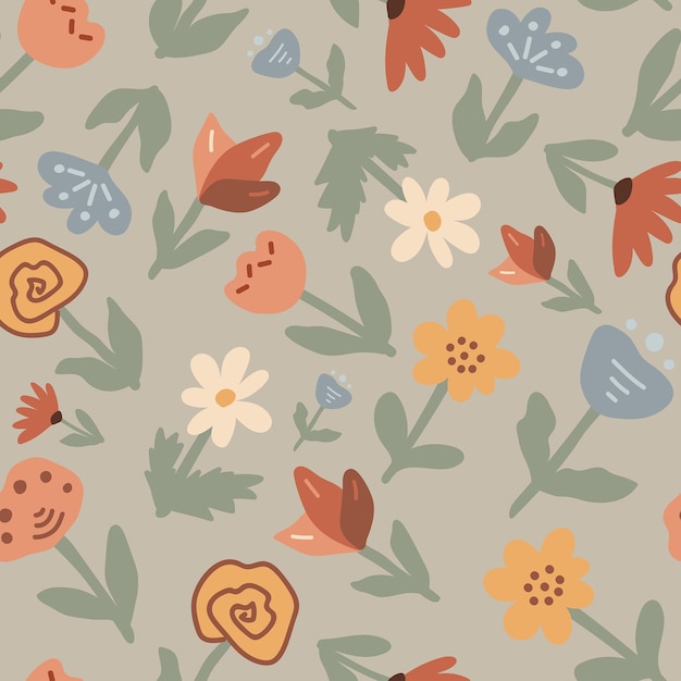 Abstract neutral pale color different flowers set seamless pattern