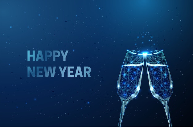 Abstract New Year greeting with clink glasses. Low poly style.