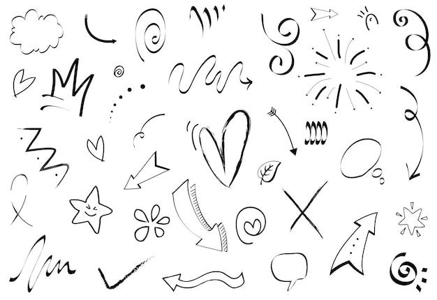 Abstract objects arrows ribbons fireworks hearts lightning love leaves stars cones crowns and other elements in the hand drawn style vector illustration