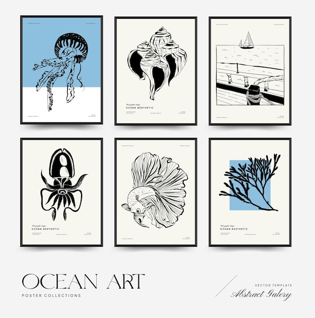 Abstract ocean and sea posters template Modern sea Botanical trendy black style Vintage seaweed f