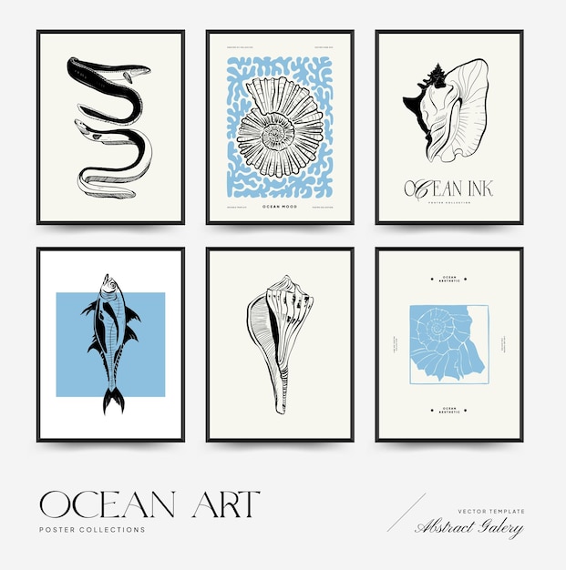 Abstract ocean and sea posters template Modern sea Botanical trendy black style Vintage seaweed f