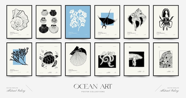 Abstract ocean and sea posters template Modern sea Botanical trendy black style Vintage seaweed f