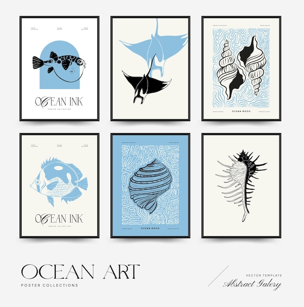 Abstract ocean and sea posters template Modern sea Botanical trendy black style Vintage seaweed f