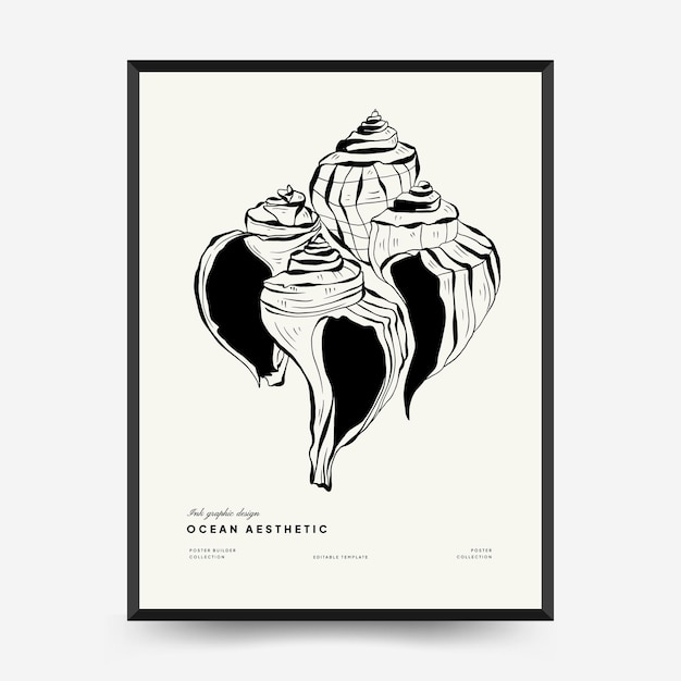 Abstract ocean and sea posters template. Modern sea Botanical trendy black style. Vintage seaweed