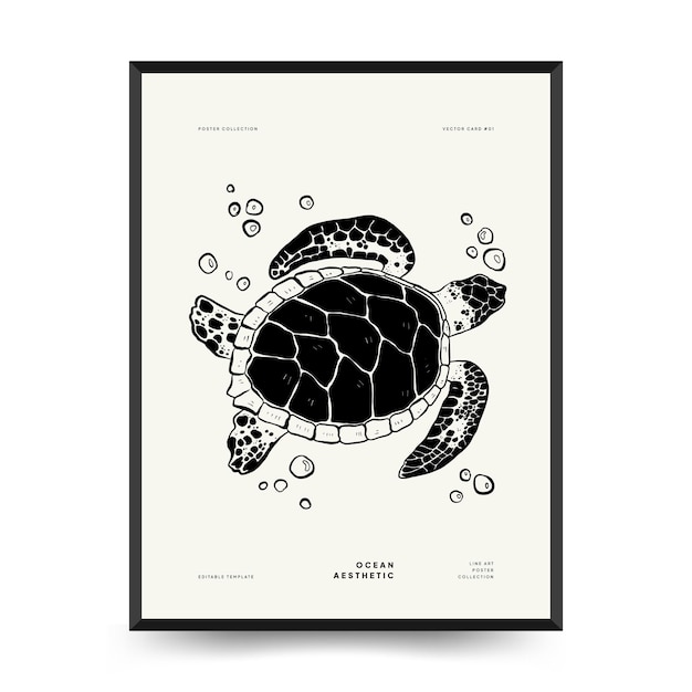 Abstract ocean and sea posters template. Modern sea Botanical trendy black style. Vintage seaweed