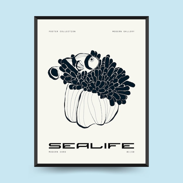 Abstract ocean and sea posters template. Modern sea Botanical trendy black style. Vintage seaweed