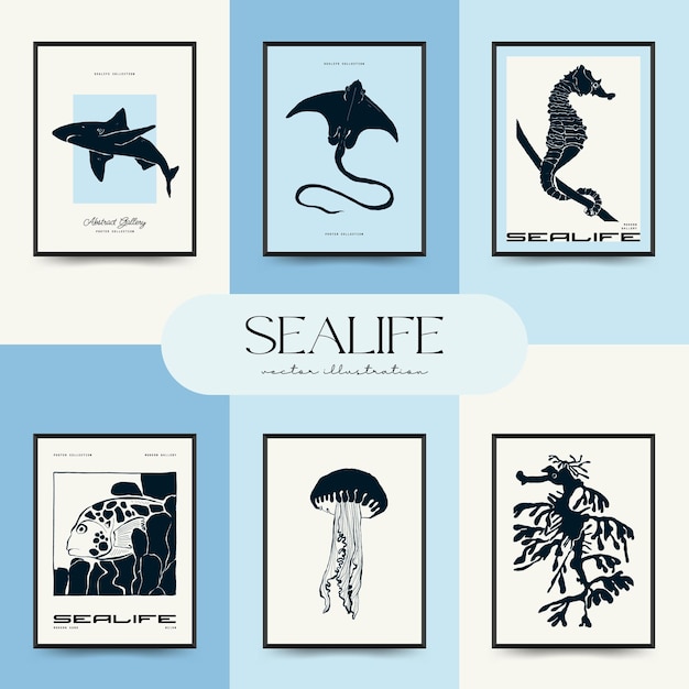 Abstract ocean and sea posters template Modern sea Botanical trendy black style Vintage seaweed