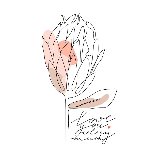 Abstract one line protea flower with pastel shapes and lettering Love you very much