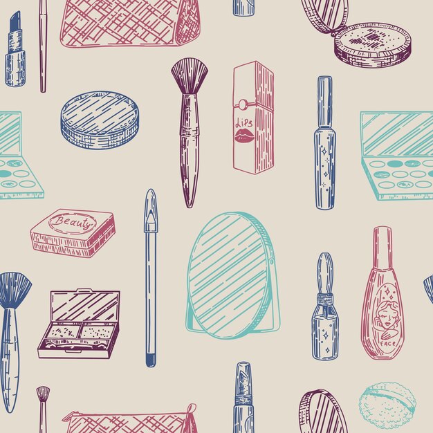 Vector abstract ornament of makeup kit beauty accessories cosmetic sketches seamless pattern hand drawn vector illustrations in retro style