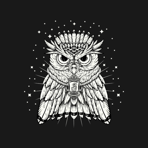 Abstract owl night logo hand drawing vector illustration template design on black background