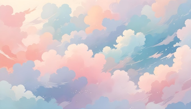 Vector abstract painterly image of a whimsical sky filled with soft pastel pink blue and yellow clouds the sky creates a dreamy and ethereal atmosphere