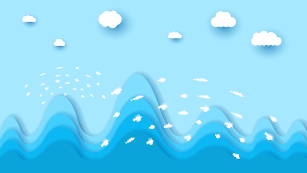 Abstract Paper Cut Wave Fish Swim On Water Clouds White Background Vector Design Style