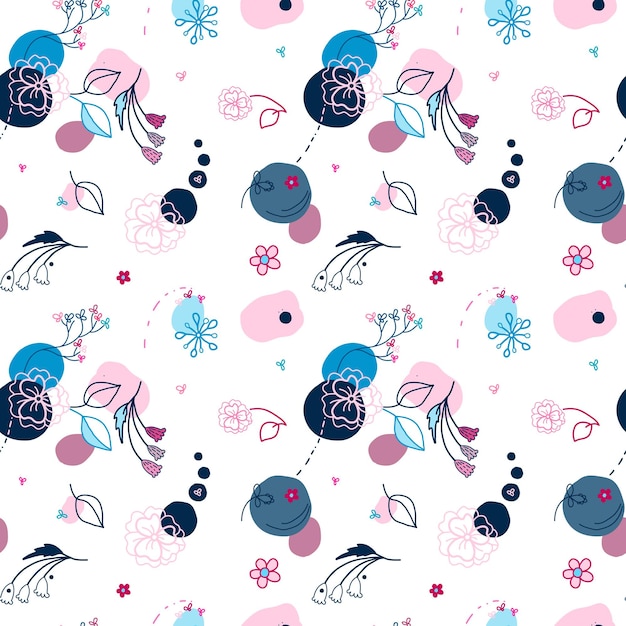 Abstract pattern of blue and pink flowers and spots. Seamless vector image.