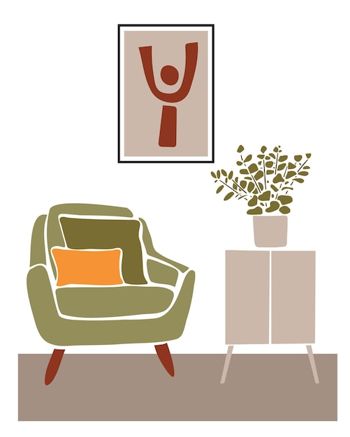 Vector abstract pattern near the green armchairmodern boho interior with abstract elements in  cut out