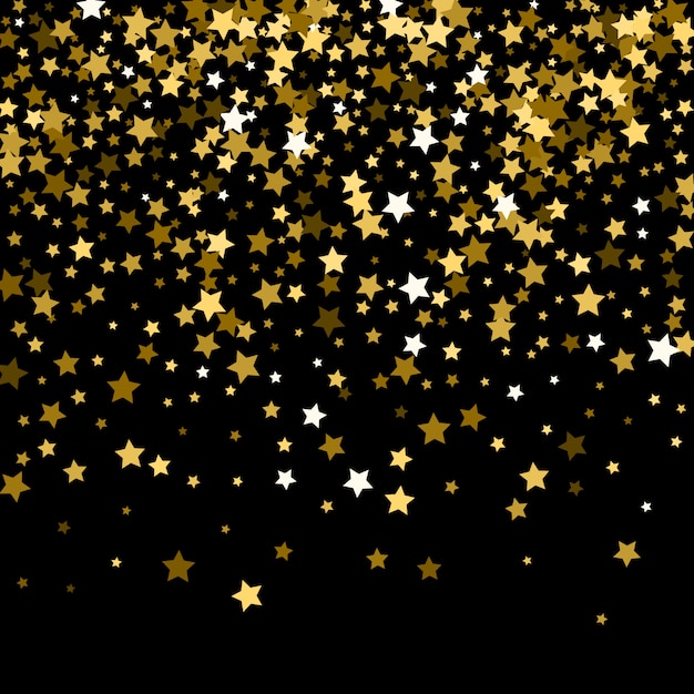 Abstract pattern of random falling gold stars on black.