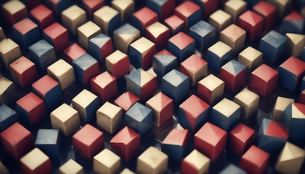 Abstract pattern of red blue and beige cubes arranged in a grid creating a threedimensional textured background