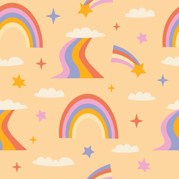 Abstract pattern in the style of the 70s with a rainbow stars and clouds Retro vector design