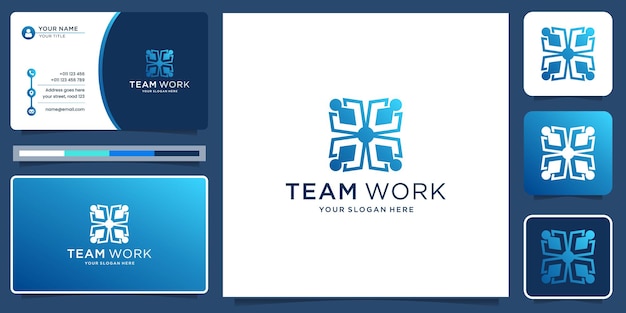 Abstract people logo design represents teamwork, diversity, signs and symbols with business card.