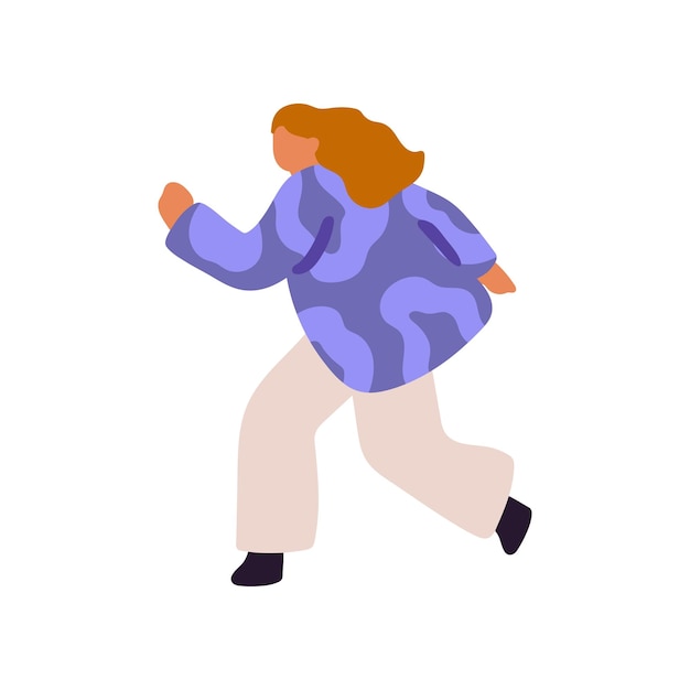 Abstract person running hurry Woman wearing bright jacket Long hair man is late loss of time Stylish character goes reaching rushing Flat isolated vector illustration on white background